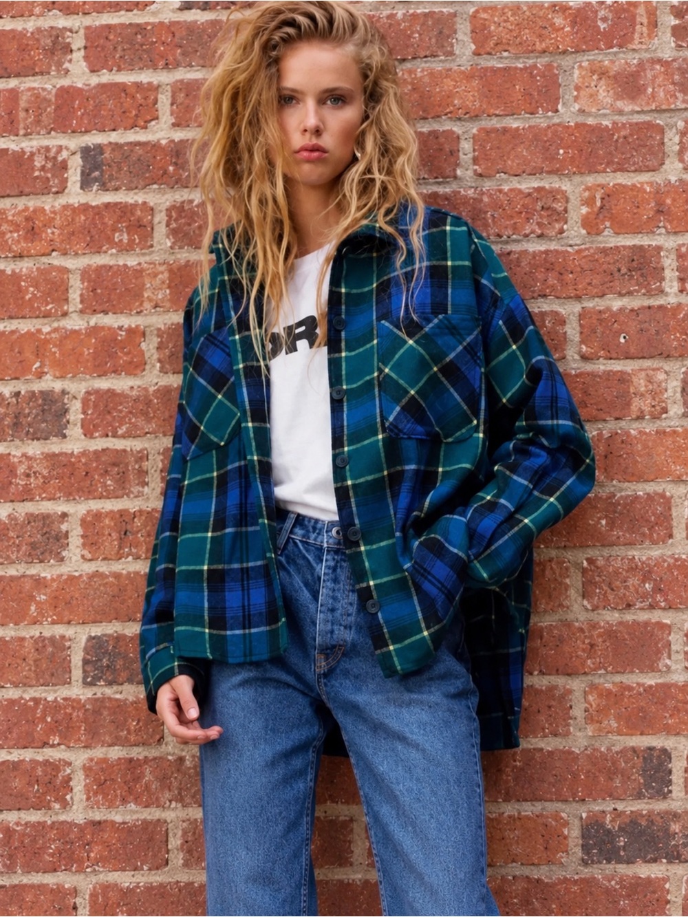Vintage Zara Green and Blue Grunge Plaid  Button Down Shirt Jacket